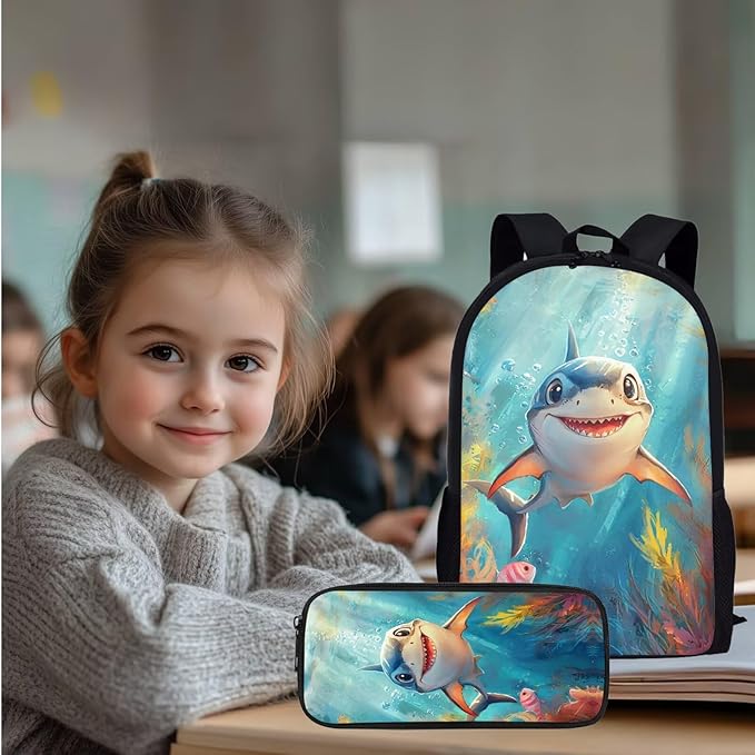 Backpack and Lunch Box Set Boys Shark Backpack 3 Piece Lightweight Backpacks Travel Bookbag for Kids Mochilas Escolares Para Niños Kindergarten Elementary Middle with Wrist Strap Keychain