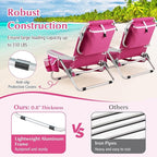 GYMAX Beach Chair, 330lbs Backpack Lounger with 5-Position Backrest, Storage Bag, Side Pocket, Towel Bar & Headrest, Foldable Low Beach Lounge, Portable Aluminum Lay Out Camp Chair (1, Pink)