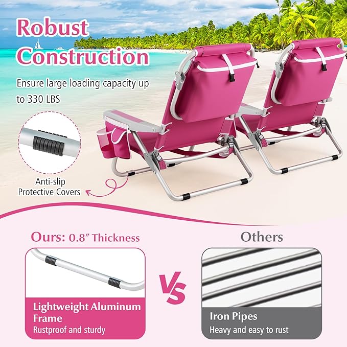 GYMAX Beach Chair, 330lbs Backpack Lounger with 5-Position Backrest, Storage Bag, Side Pocket, Towel Bar & Headrest, Foldable Low Beach Lounge, Portable Aluminum Lay Out Camp Chair (2, Pink)