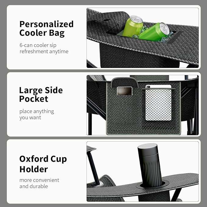 Heavy Duty Folding Chair 500LB Capacity, Oversized Camping Chairs with Cup Holder, Cooler Bag & Storage Pouch, Double-Layer Fabric, Outdoor Chairs for Sports, Lawn Chairs (2, Black Grey, Oversized)