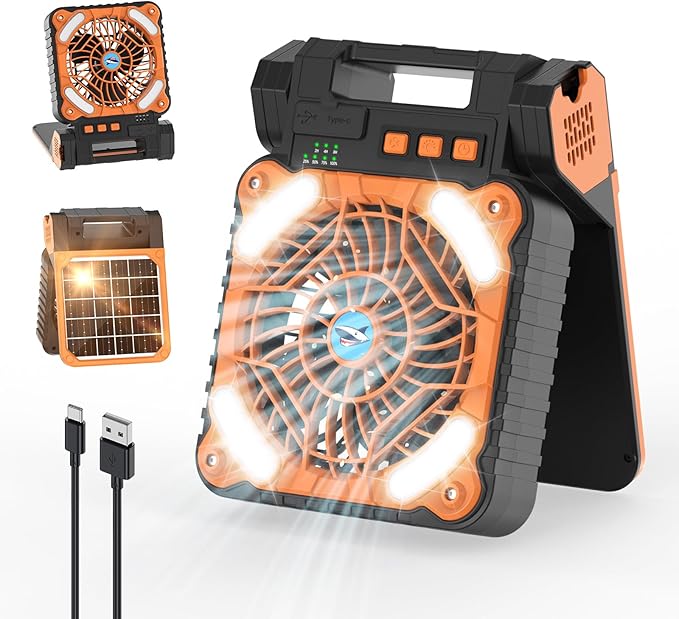 Smiling Shark Camping Fan with LED Lantern, USB Rechargeable Solar Camp Fan with 4 Speeds Powerful Wind & 3 Timer 90° Foldable Cordless Portable Tent Fan for Camping Fishing Hiking