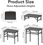 Small Folding Camping Table with Storage Net, 3 Adjustable Heights Foldable Table Lightweight & Portable with Carry Handle for Outdoor Indoor, Pure Black