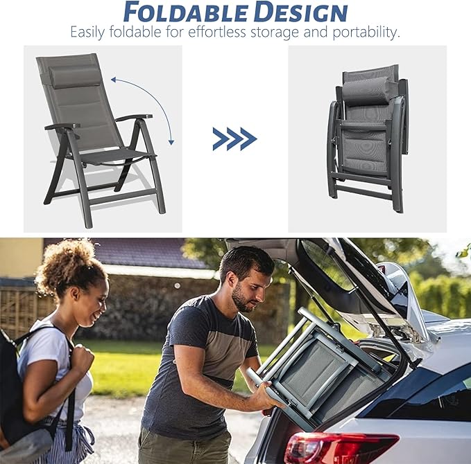 Domi Patio Outdoor Sling Chairs Set of 2 with Moveable Headrest, Folding Chairs Outdoor Reclining Camping Chairs with Armrest Adjustable High Backrest and Padded Textilene Fabric Seat