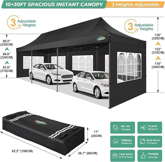 COBIZI 10x30 Heavy Duty pop up Canopy, Commercial10x30 Party Tent for Parties Waterproof Gazebos with 8 Sidewalls, All Season Wind & Waterproof UPF50+,Stable Thickened Frame, Black