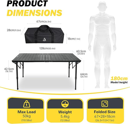 50" Large Folding Camping Table with Adjustable Hight Legs for 2-6 People - Heavy Duty Foldable Camp Table with Roll-Up Aluminum Picnic Table, Portable Outdoor Table for Cooking,Beach,BBQ,Party