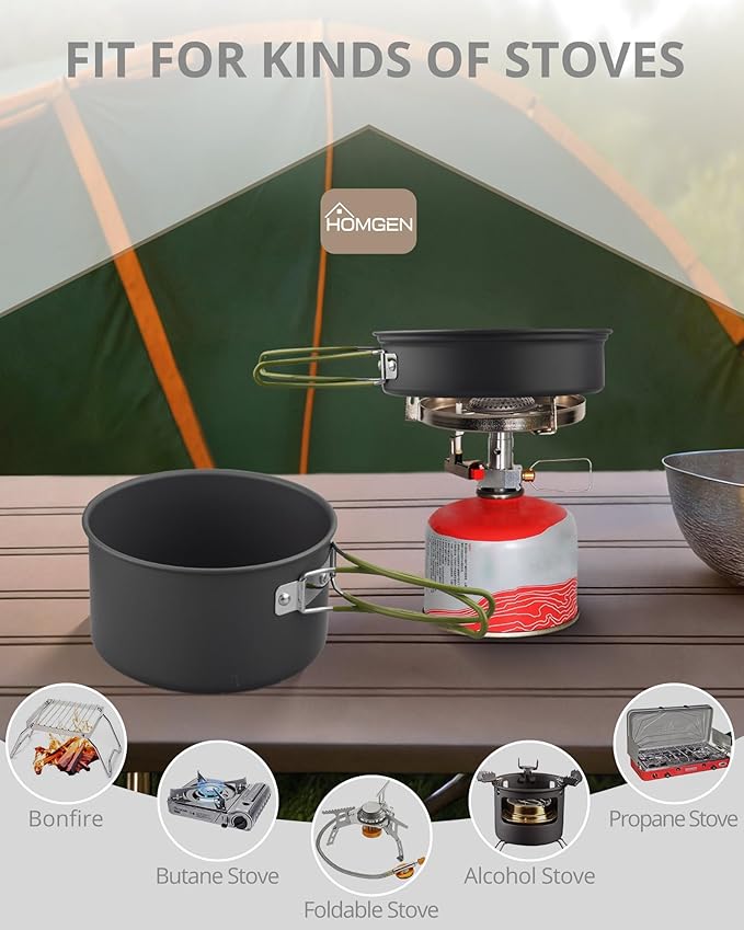 HOMGEN Portable Camping Cookware Set-Lightweight Aluminum Camp Pots and Pans Kit-Comes with Non-Stick Pots/A Frying Pan etc-Complete Camping Mess Kit for Camping/Hiking/Fishing & Other Outdoor Trip