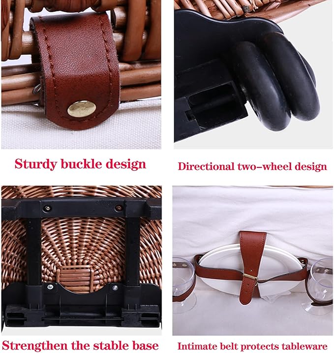 Outdoor Camping Picnic Basket Hand Lever Type Multi-Function Rattan Basket with Rollers Insulation Tableware Storage Box for Outdoor Picnic