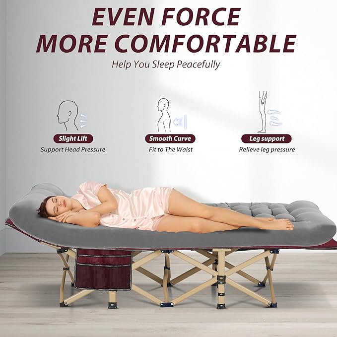 Folding Camping Cot for Sleeping, Portable Cots for Adults, Heavy Duty Cot Bed 550LBS(Max Load), Extra Wider Cots with Large Pocket for Outdoor, Office, Beach
