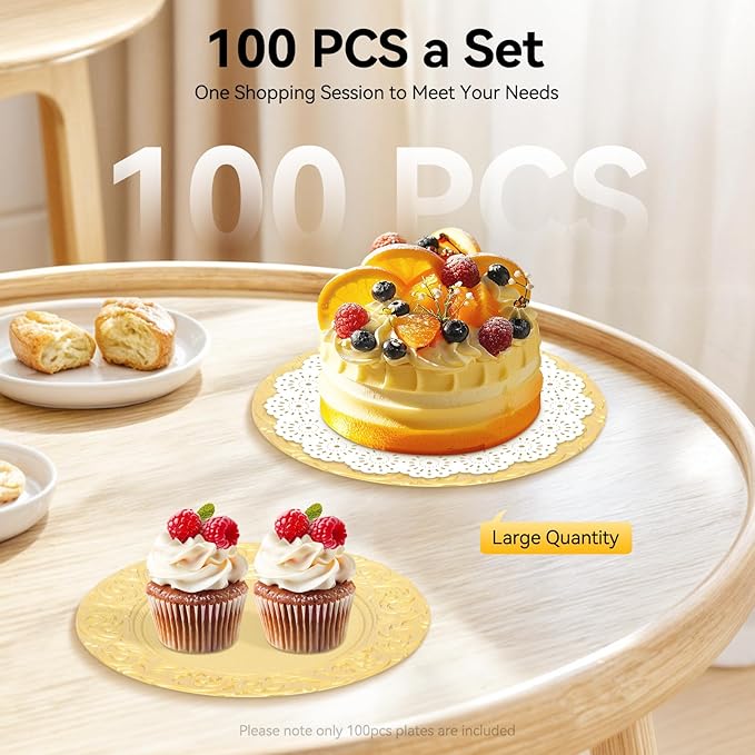 CNCEST 100 PCS Antique Charger Plates Bulk 13'' Plastic Embossed Dinner Plate Chargers Round Floral Plates for Wedding Decorative Chargers for Table Dinner Kitchen Party Decoration (Gold)