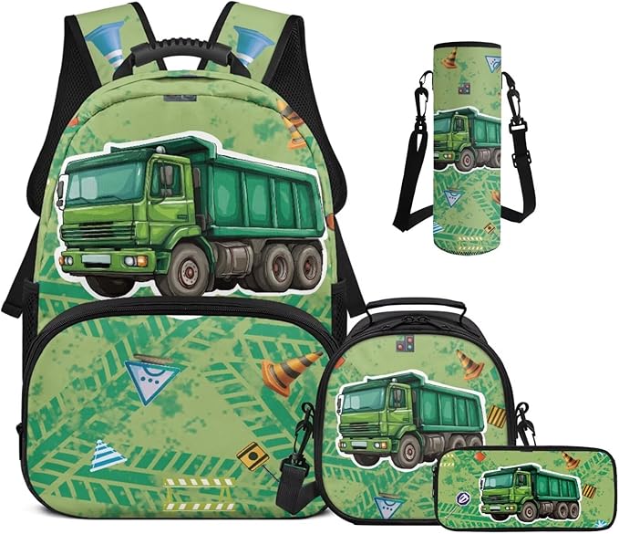 Cargo Truck Backpack with Lunch Box Boys 17 Inch Elementary School Backpack for Boys 4 in 1 Set Kids Book Bag for School Travel Shoulder Bag Daypack