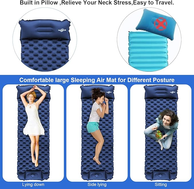 WANNTS Sleeping Pad, Ultralight Inflatable Sleeping Pad for Camping, Built-in Pump, Ultimate for Hiking - Airpad, Carry Bag,-Compact & Lightweight Camping pad(Blue)