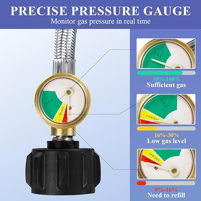6 FT Propane Hose Adapter with Gauge, Propane Tank Adapters Hose for 1lb Portable Appliances, Propane Tank Adapters for Weber Q Grills Coleman Stoves Blackstone Griddles
