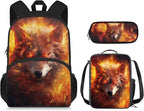 Ystardream Preschool Bookbags for Boys Fire Wolf Backpack with Lunch Box and Pencil Bag 3 in 1 for Boys Kids Cool Backpack with Side Pocket for Water Bottle for Teen Kid School Sports