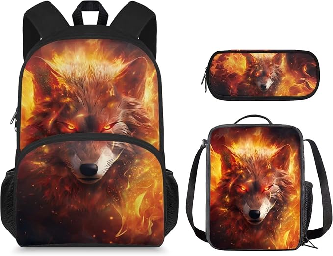 Ystardream Preschool Bookbags for Boys Fire Wolf Backpack with Lunch Box and Pencil Bag 3 in 1 for Boys Kids Cool Backpack with Side Pocket for Water Bottle for Teen Kid School Sports