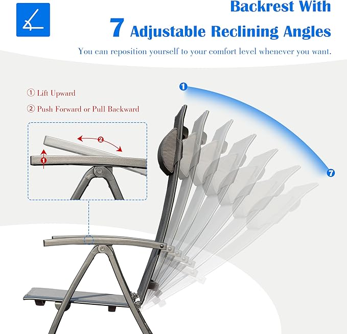 Domi Patio Folding Chairs Set of 2, Outdoor Reclining Chairs Set with Moveable Headrest, Aluminum Frame Outdoor Patio Portable Chairs with Adjustable High Backrest and Textilene Fabric Seat