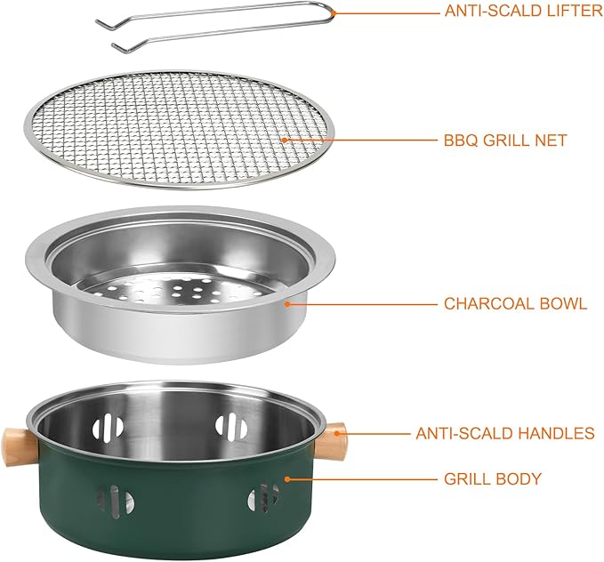 Portable Charcoal Barbecue Grill, 1pc Mini BBQ Grill Multifunctional Charcoal Grill Smokeless Round Tabletop Charcoal Grill for Indoor Outdoor Cooking Home Party Picnic Camping (Green)