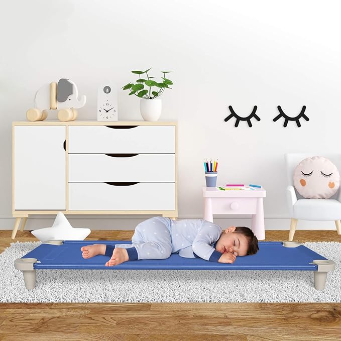 Acrimet Nap Cot for Kids, PortableToddler Child Bed, Stackable 52" L (Stainless Steel Tubes) (Blue Breathable Mesh Fabric - Gray Feet) (5 Pack)
