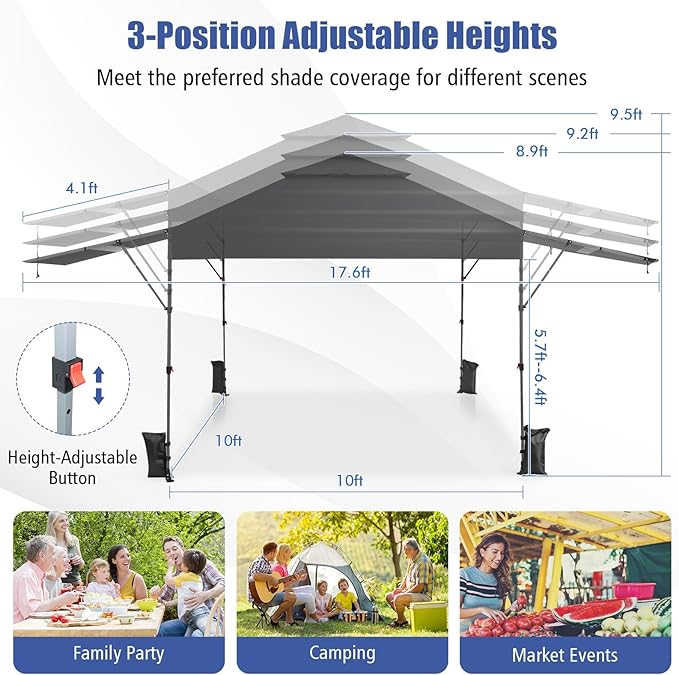 HAPPYGRILL Pop Up Canopy with Dual Awnings 10x17.6 FT, Outdoor Gazebo Shelter with Portable Wheeled Carrying Bag, Easy Setup Instant Tent for Patio Camping Picnic (Grey)