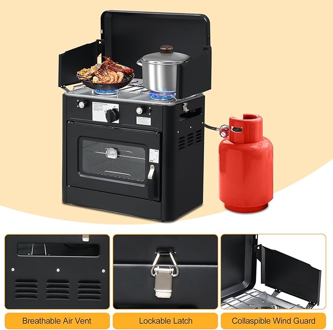 Bonnlo 2-in-1 Camping Oven & Portable Gas Stove Combo with 3-side Windscreen, Powerful 19,800 BTU Propane Oven with One-click Ignition, Heat-resistant Coating & Thermometer for Outdoor Use, Black