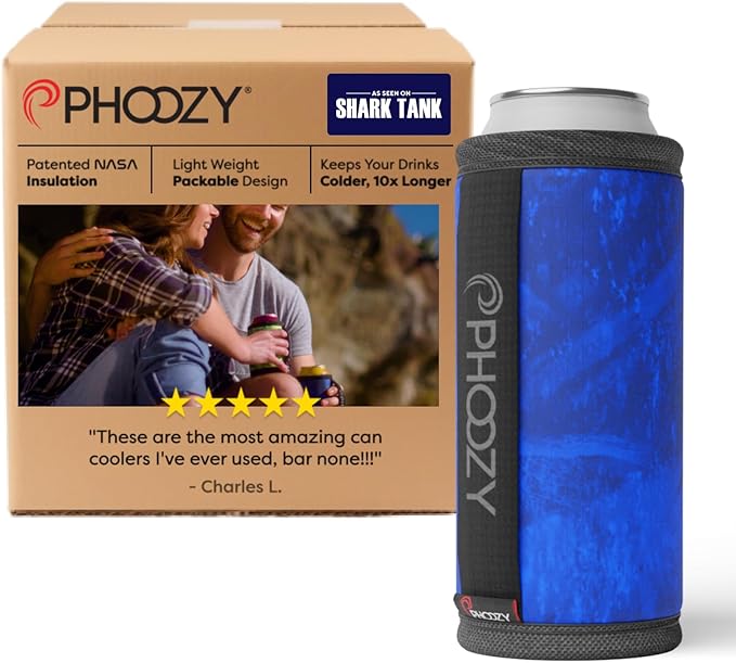 PHOOZY Insulated Can Cooler for Slim 12oz Cans with NASA-Inspired Technology - Patented Koozie That Keeps Drinks Cold 10x Longer - Lightweight Beer Koozie for Outdoor Adventures - Blue