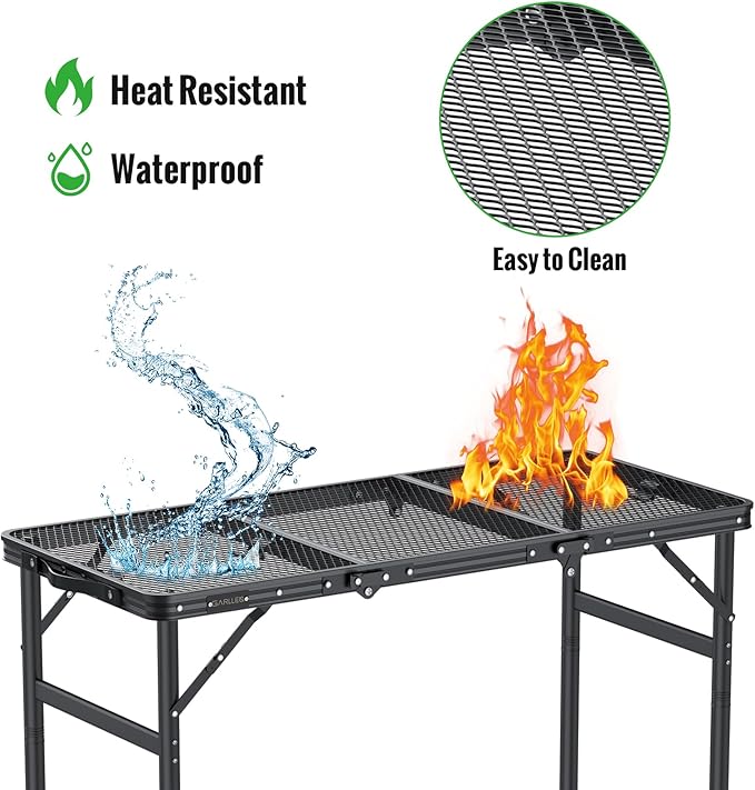 GARLLEN Folding Grill Table, 3-Height Adjustable Lightweight Grill Table with Heat-Resistant Tabletop, Portable Aluminum Camping Table for BBQ, Picnic, Cooking, 35.4" L x 15.7" W, Threaded Install