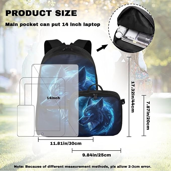 Moon and Wolf Backpack for Men Lightweight Bookbag with Lunch Box Set Wear-resistant School Bag for Outdoor Travel Casual Book Bag Rucksack