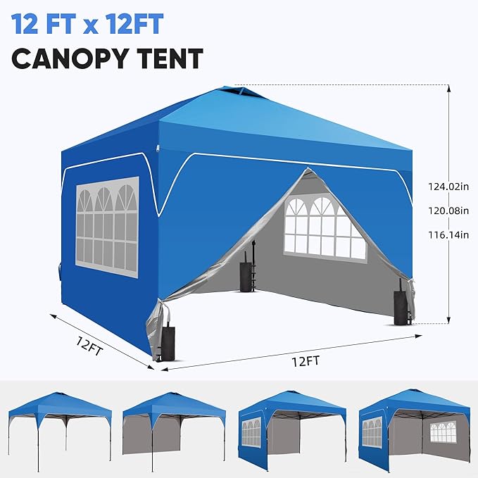 GDY 10x10 Patio Pop Up Canopy Tent with 4 Sidewalls, Easy Set up with One Push Lift Outdoor Silver Coated Beach Gazebos, Carpas with 4 Sandbags, for Parks, Parties,Camping, Blue.