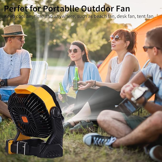 20000mAh Camping Fan with LED Lantern USB Tpye C Rechargeable Battery Operated Outdoor Tent Fan with Light & Hook, 270° Pivot 4 Speeds, Personal USB Desk Fan for Camping Yellow X26A