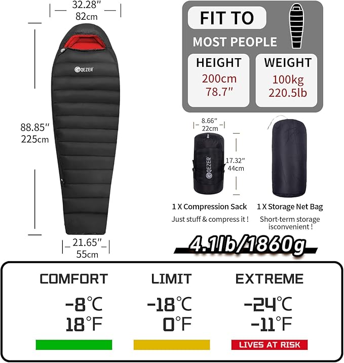 0 Degree Sleeping Bag for Adults 650 Fill Power Down Sleeping Bag for Cold Weather -20F / -8F / 0F / 10F Large Lightweight