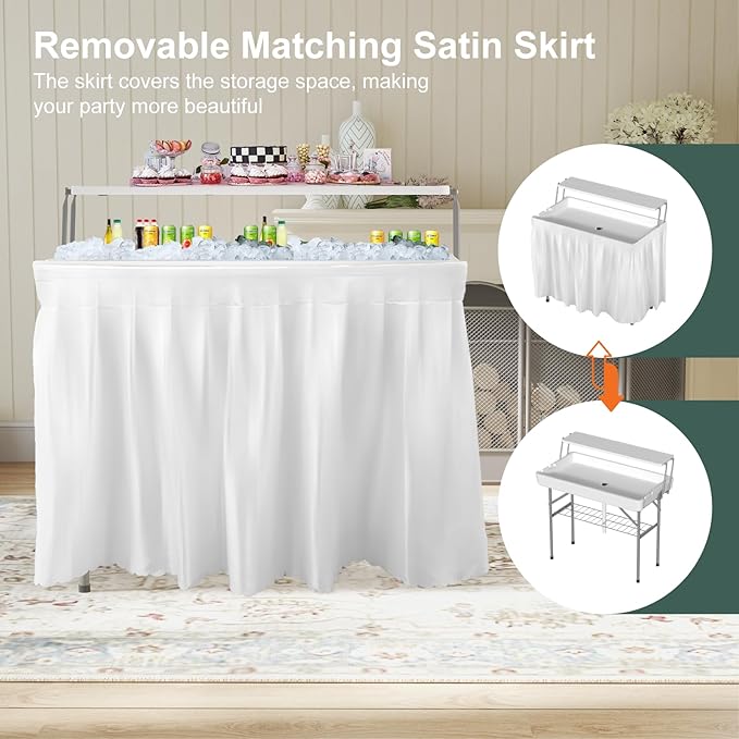 2 Tiers 4 Foot Ice Cooler Table, Folding Tailgate Camp Fishing Cleaning with Matching Skirt & Drain Hose, Plastic Ice Table for Party, BBQ, Camping, Picnic, Barbecues to Keep Drinks Cool, White