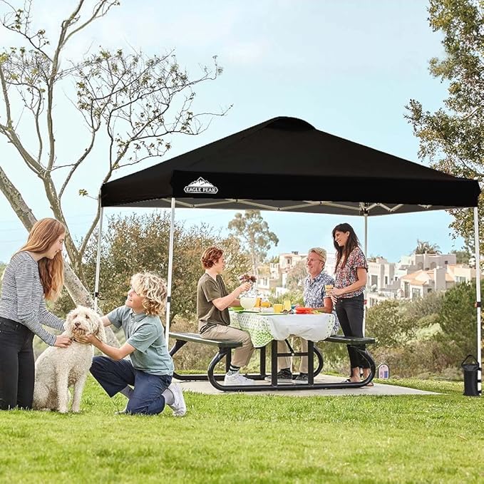 EAGLE PEAK Pop Up Canopy Tent with Wheeled Carry Bag, 8 Stakes, 4 Ropes, 4 Weight Bags, Easy Set Up Tent Canopy, 10x10 ft, 100sqft of Shade, Black