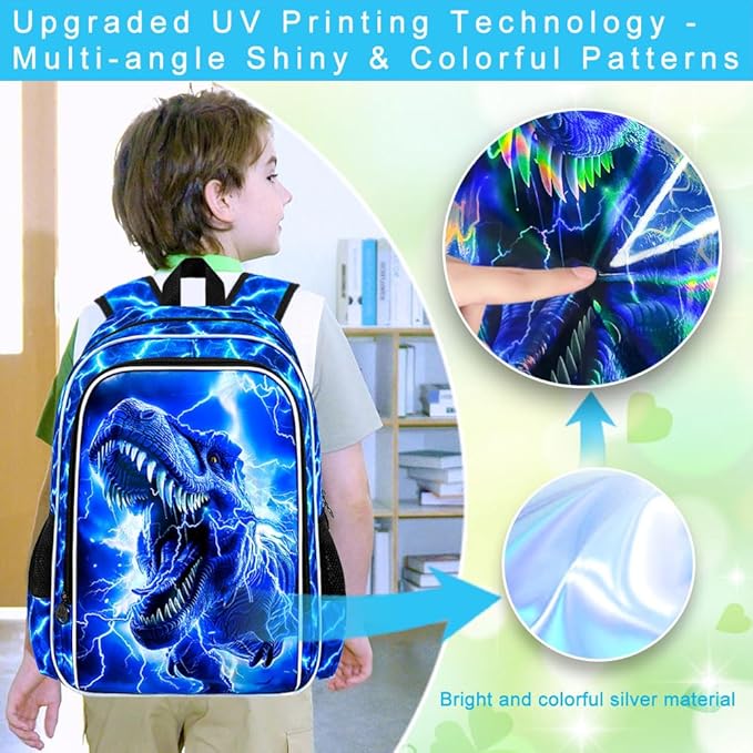 17" Dinosaur Backpack for Boy, 3Pcs Lightning Bookbag for Elementary Preschool Kindergarten, Kids School Backpacks with Lunch Box (Blue)