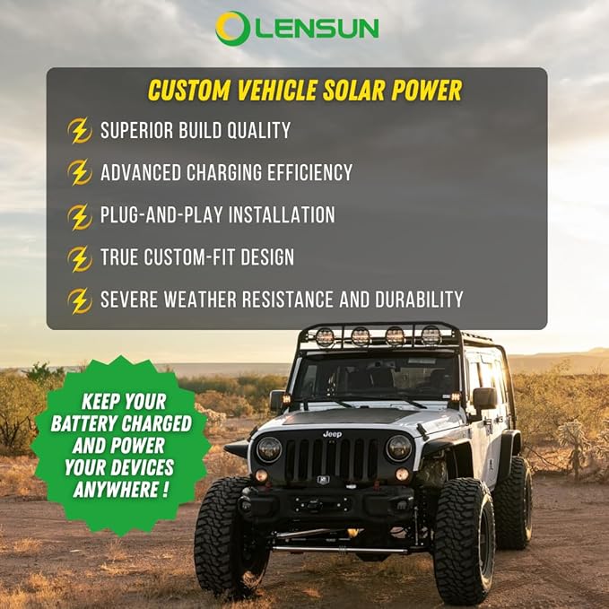 Lensun 105W 12V Hood Flexible Solar Panel for Jeep Wrangler JK (2007-2018) - Off Grid Solar Power for Offroading/Overlanding/Camping