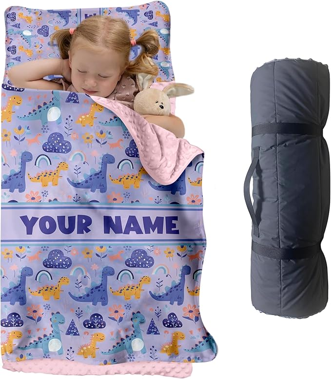 Personalized Toddler Nap Mat for Preschool, Custom Name Kids Sleeping Bag for Daycare, Kindergarten Roll Up Sleeping Mat with Removable Pillow and Soft Blanket, Fun Themes for Boys & Girls