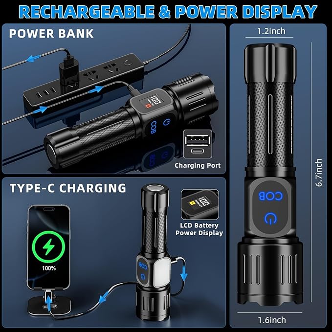 Rechargeable LED Flashlight, Super Bright 99000 High Lumens Flash Light, 9 Modes Zoomable Flashlight with LCD Display, Waterproof Tactical Flashlights for Camping, Home Emergency