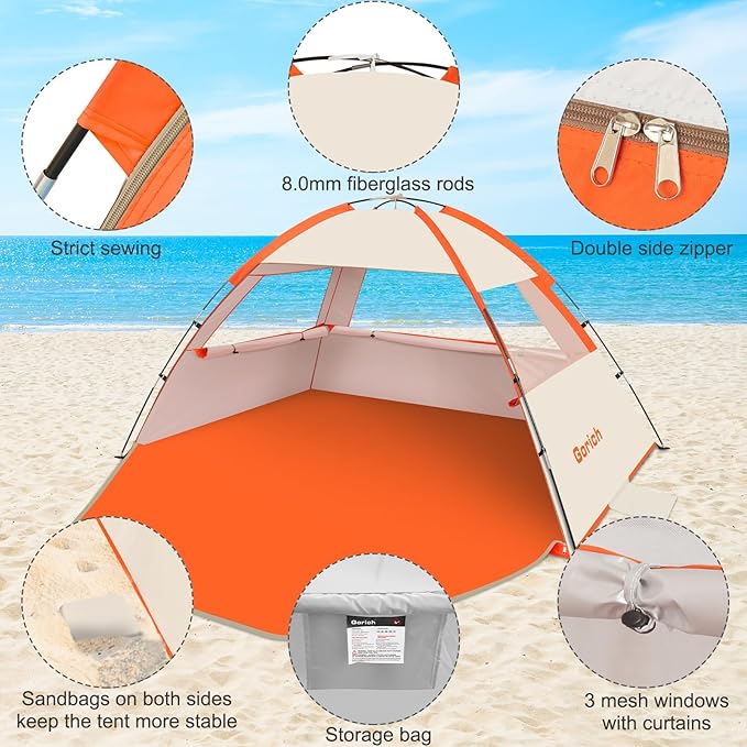 Gorich Beach Tent Sun Shelter for 3/4-5/6-7/8-10 Person with UPF 50＋ UV Protection, Lightweight & Easy Setup Beach Shade Canopy, Portable Beach Shade Tent Beach Cabana