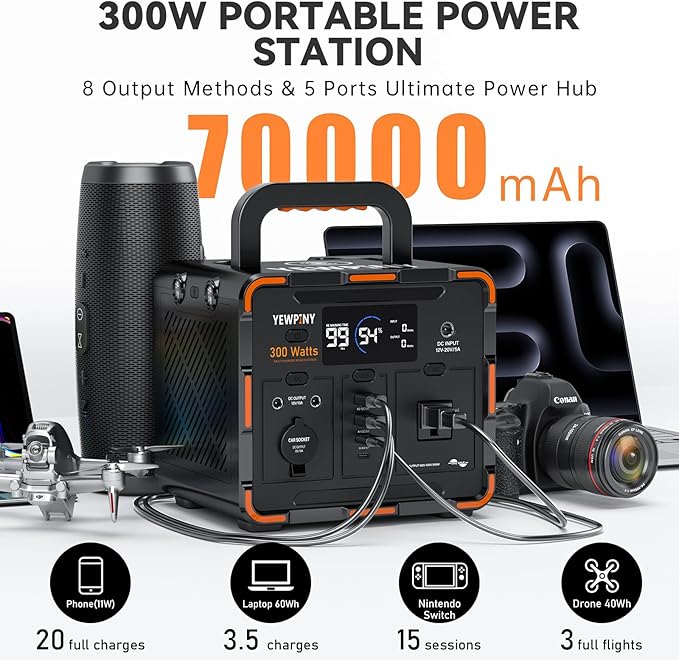 300W Portable Power Station, Solar Generator 259Wh, 70,000mAh LiFePO4 Battery with 65W USB-C PD&Pure Sine Wave AC, Solar Charging for Camping,Home,Emergency Power(SOS Light & LCD Display)