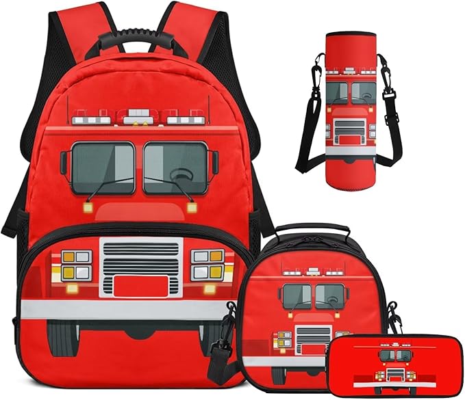 Backpack for Boys with Lunch Box Fire Engine Elementary School Backpack for Boys Large Capacity 4-in-1 Set for Primary Kids Casual Daypack Tote Bags