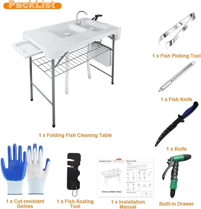 Fish Cleaning Table with 2 Sinks & Grid Rack - 42.5” Outdoor Fish Fillet Cleaning Station for Camping, Patio, Kitchen, RV & Beach