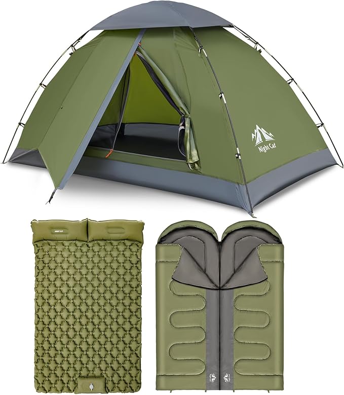 Night Cat Upgraded Backpacking Tent with Inflatable Double Sleeping Pad Double Sleeping Bag for 2 Persons Camping Combo Set