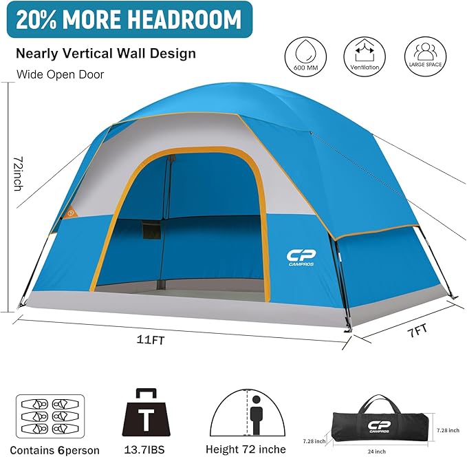 Tents for Camping 6 Person Tent Waterproof Windproof Double Layer Family Camping Tent, Easy Setup Dome Tent with Large Mesh Windows & Wider Door for Outdoor Camping & Hiking