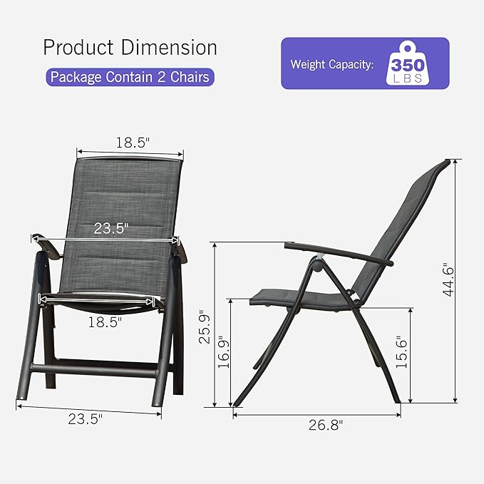 Domi Folding Patio Chairs Set of 2, Aluminium Frame Reclining Sling Lawn Chairs with Adjustable High Backrest, Patio Dining Chairs for Outdoor,Porch,Balcony (Double-Layered Textilene Fabric)