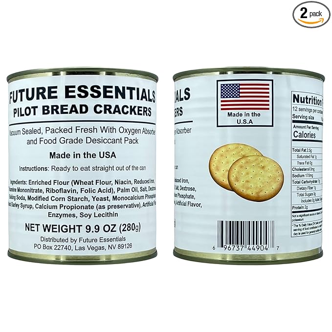 Future Essentials Sailor Pilot Bread Survival Crackers – 30-Year Shelf Life Ready to Eat Hardtack Biscuits in #2.5 Can – Made in the USA Emergency Food Supply – 12 Crackers per Can, Pack of 2