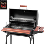 Royal Gourmet CC1830V 30 Barrel Charcoal Grill with Wood-Painted Side Front Table, 627 Square Inches Cooking Space, for Outdoor Backyard, Patio and Parties, Black