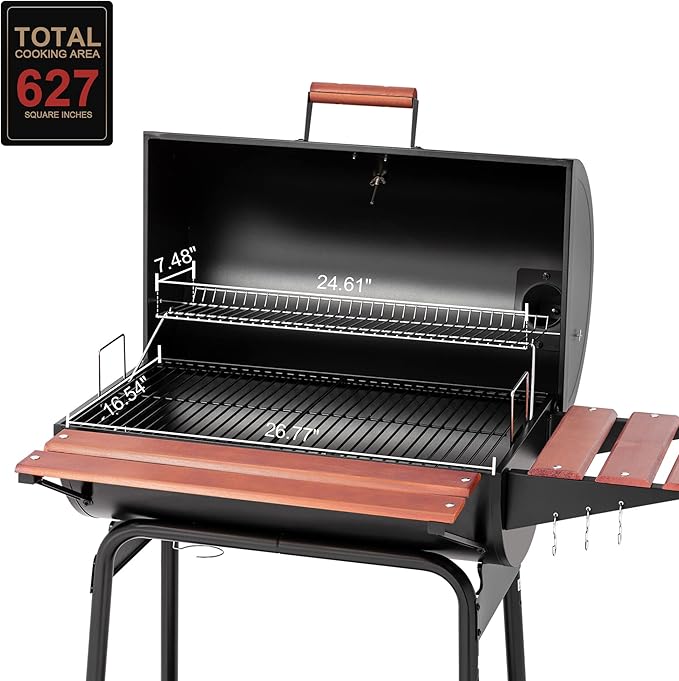 Royal Gourmet CC1830V 30 Barrel Charcoal Grill with Wood-Painted Side Front Table, 627 Square Inches Cooking Space, for Outdoor Backyard, Patio and Parties, Black