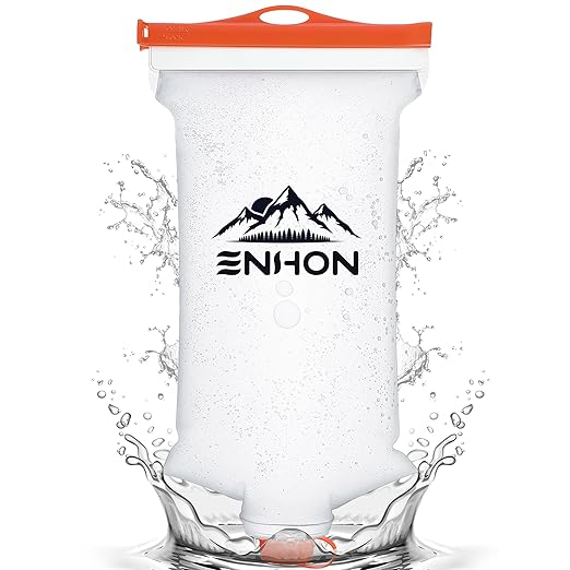 Enhon 2L Water Bag for Hiking Compatible with 28mm Sawyer Water Filter, Durable TPU Material Collapsible Bladder for Camping Fishing or Traveling, PVC Free Squeeze Pouch