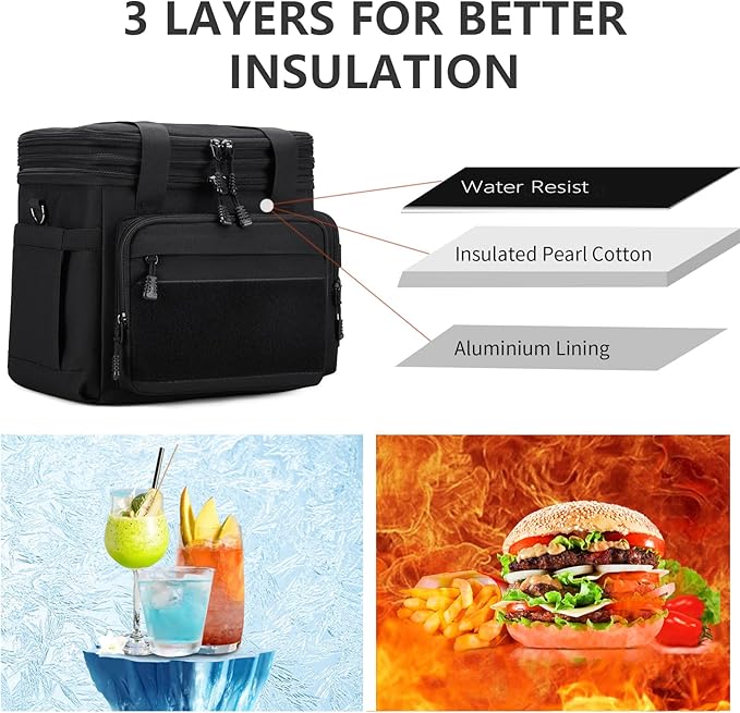 Large Tactical Lunch Box for Men, Insulated Lunch Bag Adult, Thermal Lunchbox Leakproof Waterproof Cooler Bag, Dual Compartment Lunch tote, Large Lunch Pail for Office Camping (Black) 24L
