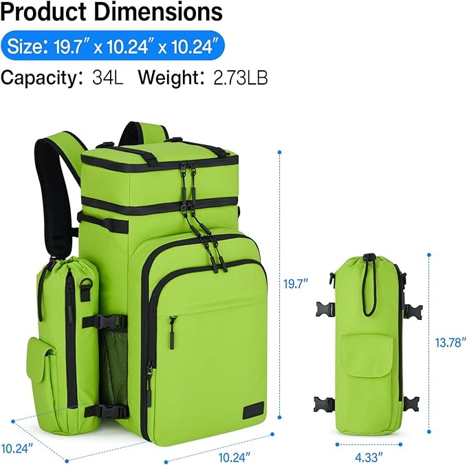 Hanke Backpack Cooler, 40 Cans Soft Leak Proof Picnic Backpack, Portable 2 Insulated Compartments Cooler Backpack Water Resistant for Lunch Beach Travel Camping Picnic Hiking,Green