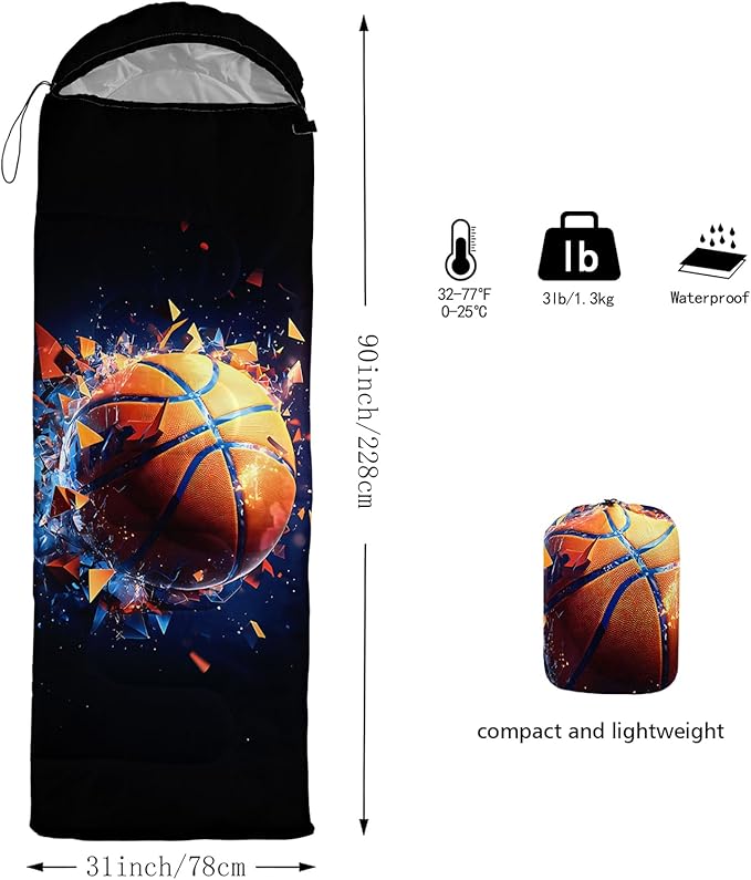 AILONEN Sports Basketball Sleeping Bag for Kids Boys,Warm and Cool Weather,Lightweight,Waterproof Backpacking,3D Galaxy Ball Print Sleeping Bag for Camping