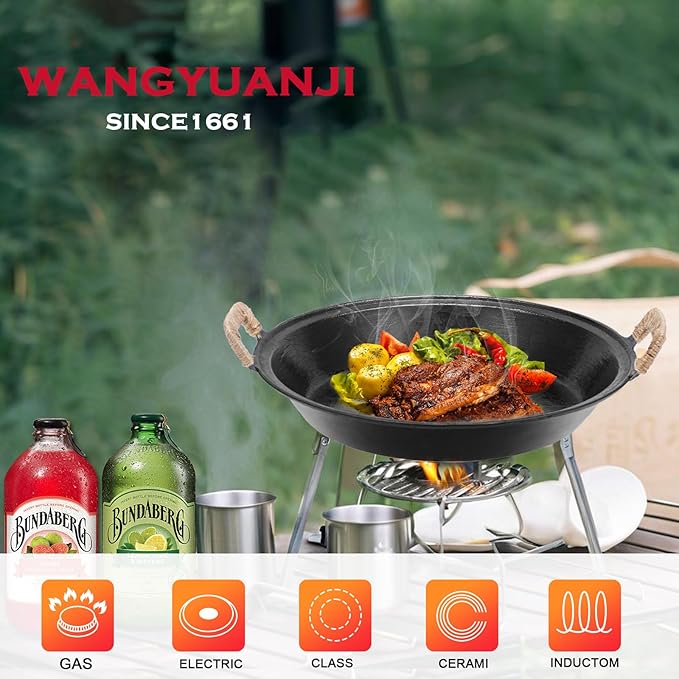 WANGYUANJI 14.2 inch Cast Iron Skillet & Grill Pan – Heavy-Duty Coating-free, Smokeless Flat Bottom, Dual Handles, All Stovetops, Indoor/Outdoor Use - Black